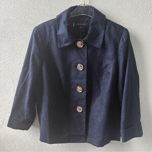 Anne Klein Navy Blue Linen Size 14W Jacket Collared Front Button Office Career